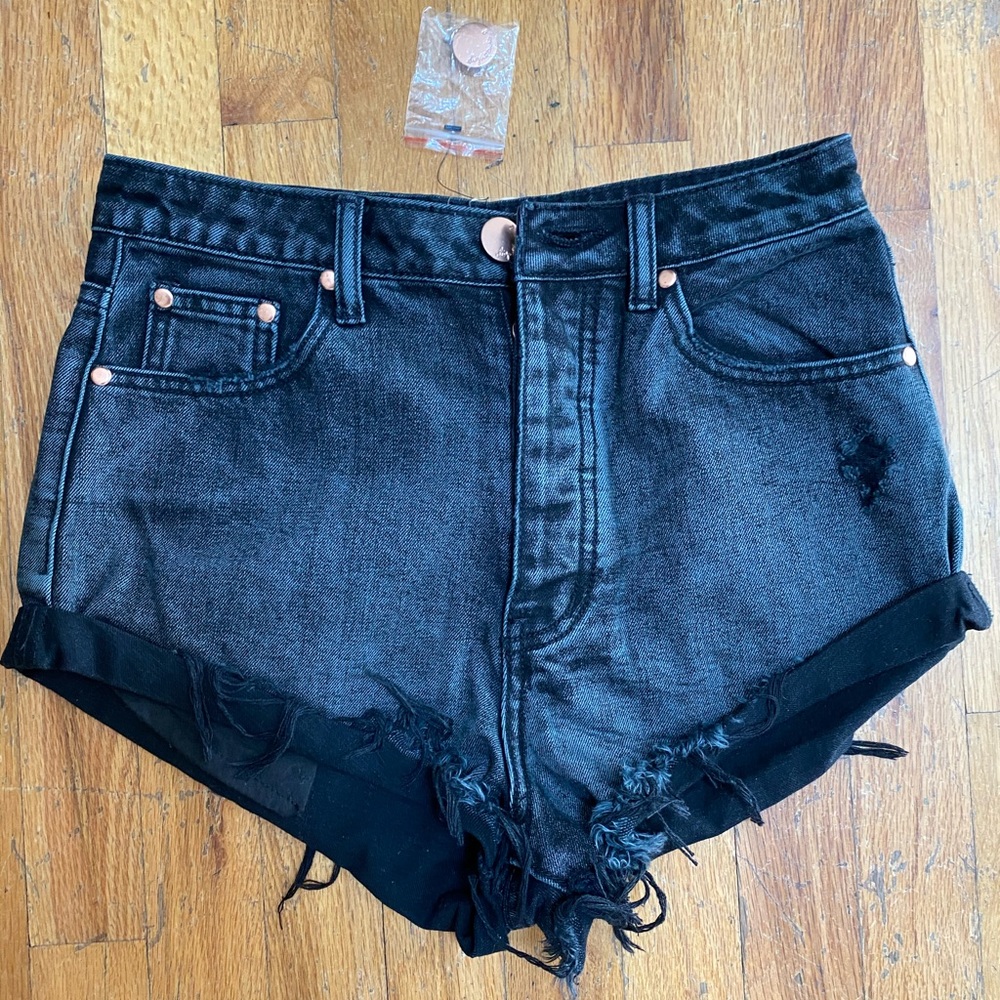 Black high rise denim shorts